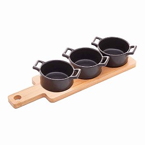 Bandeja de Bambu com 3 Petisqueiras de Porcelana