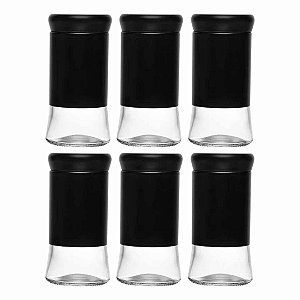 Jogo 6 Porta Temperos Versatile 135ml Preto em Vidro
