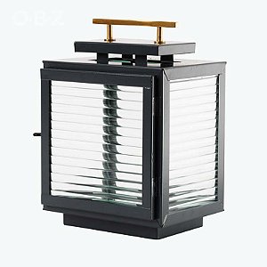 Lanterna Decorativa Preta e Dourada em Metal e Vidro Canelado 28 cm