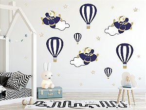 Adesivos Parede Urso Aviador Balões Nuvens Infantil Azul Marinho