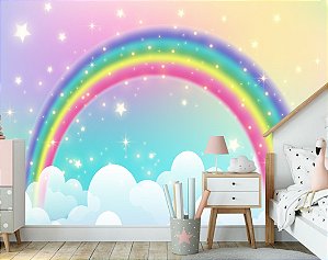 Papel de Parede Auto Adesivo Arco Íris Estrelas Nuvens M²