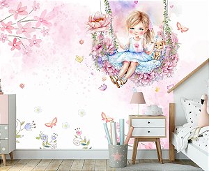 Papel de parede adesivo Menina no Balanço Floral M²