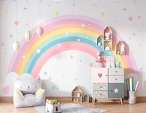 Papel de parede adesivo Arco Iris Nuvens estrelas e corações