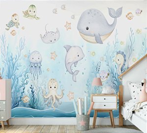 Papel de Parede Auto Adesivo Fundo do Mar Aquarela Baby M²