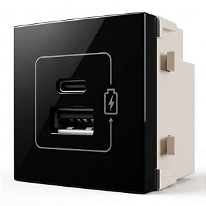 Módulo Carregador Duplo USB + USB-C 2A 10W Preto Ebony – Linha Sleek – MarGirius