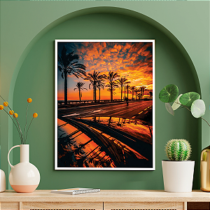 Quadro Decorativo Avenida com Palmeiras Céu Nublado e Pôr do Sol