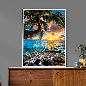Quadro Decorativo Palmeira Mar Azul e Nascer do Sol