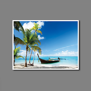 Quadro Decorativo Praia com Mar Azul Barco e Palmeiras