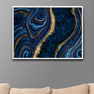 Quadro Decorativo Horizontal Abstrato Azul Escuro e Dourado