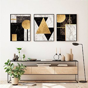 Quadro Decorativo Trio de Formas Geométricas Preto e Dourado