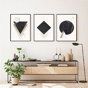 Kit de Quadros Decorativos Formas Geométricas Pretas com Fundo Claro