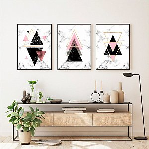 Kit de Quadros Decorativos Triângulos em Fundo Marmorizado