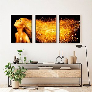 Kit de Quadros Decorativos Pintura Mulher e Cabelo Dourado com Fundo Preto