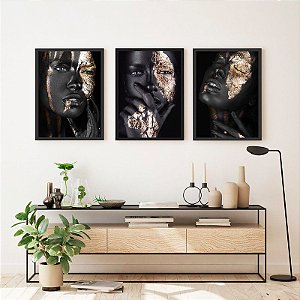 Três Quadros Decorativos Faces Pintura Artística Preto e Dourado em Mulher