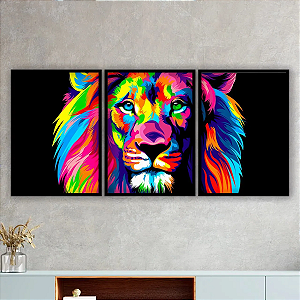 Trio de Quadros Decorativos Leão Colorido e Fundo Preto