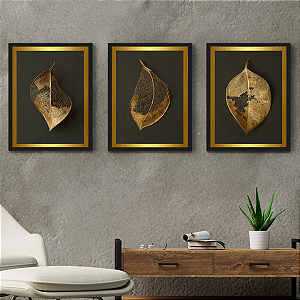 Trio de Quadros Decorativos Folhas Secas em Fundo Preto e Paspatur Dourado