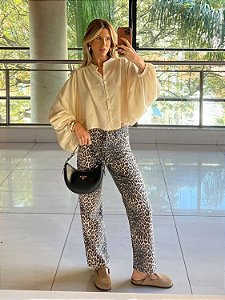 Calça Sarja Feminina Reta Animal Print Onça