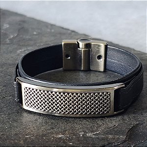 Pulseira Grid Masculina em Couro Preto