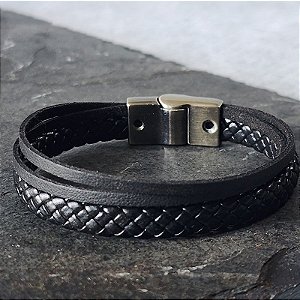 Pulseira Porto em Couro Preto Masculina