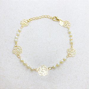 Pulseira Pérolas e Flores Douradas