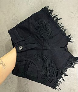 Short Jeans Feminino Destroyed Preto Com Barra Desfiada moda verão / Casual