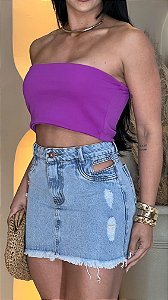 Saia Jeans Feminina Cintura Alta Vazada Na Cintura Com Barra Desfiada - 100% Algodão Sem Elastano