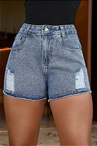 Short Jeans Feminino Destroyed Cintura Alta Marmorizado Com Strass E Barrinha Costurada | 100% Algodão Sem Elastano