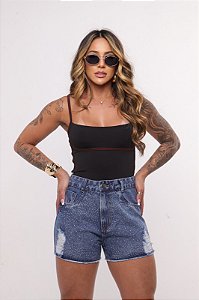 Short Jeans Feminino Destroyed Cintura Alta Marmorizado Com Strass E Barrinha Costurada | 100% Algodão Sem Elastano