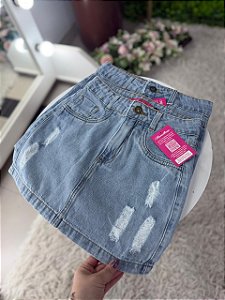 Saia Jeans Feminina Lavagem Clara Com Barra e Detalhes Destroyeds- Sem Elastano