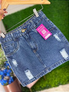 Saia Jeans Feminina Cintura Alta Com Barra Lavagem Escura e Destroyed- Sem Elastano