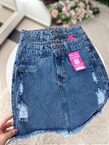 Saia Jeans Tradicional Com Barra Desfiada E Detalhes Destroyed Lavagem Marmorizada- Sem Elastano