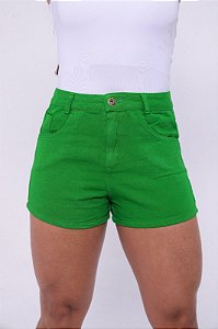 Short Jeans Feminino de Barra Cintura Alta Verde- Sem Elastano