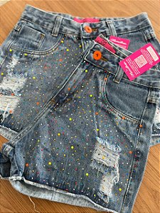 Short Jeans Destroyed Com Strass Colorido