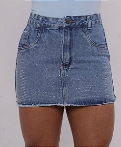 Saia Jeans Lavagem Clara Com Strass E Barrinha Costurada