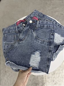 Short Jeans Feminino Marmorizado Com Destroyed Cintura Alta