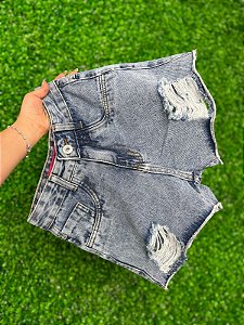 Short Jeans Feminino Marmorizado Com Destroyed Cintura Alta