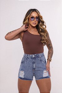 Short Jeans Feminino Marmorizado Com Destroyed Cintura Alta