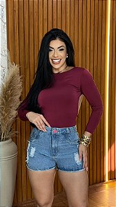 Short Jeans Cintura Alta Feminino Com Destroyed e Barra | Lavagem Marmorizada | Botão Rosa | 100% Algodão | Sem Elastano