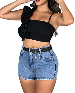 Short Jeans Marmorizado Com Barra E Botão Dourado
