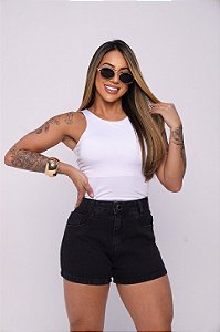 Short Jeans Feminino Cintura Alta – Preto Estonado e Barra | 100% Algodão (Sem Elastano)