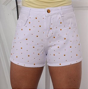 Short Jeans Branco feminino Com Pedras Douradas Cintura alta - short ano novo - 100% algodão | Sem Elastano