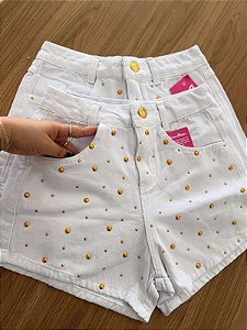 Short Jeans Branco Com Pedras Douradas