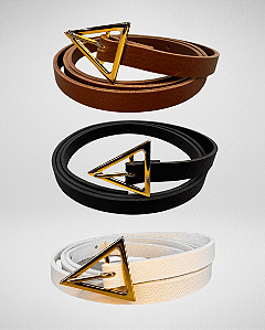 Kit 3 Cintos Slim Feminino Com Fivela Dourada Triangular