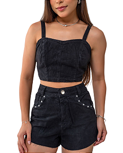 Conjunto Jeans Cropped Top E Short Lavagem Estonada Com Strass