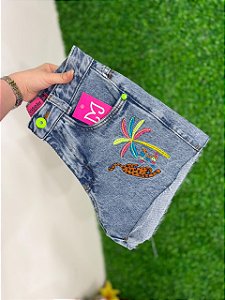Short Jeans Feminino Cintura Alta Marmorizado Bordado Tropical Colorido Com Onça | 100% algodão