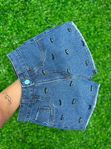 Short Jeans Bordado Olho Grego Cintura Alta