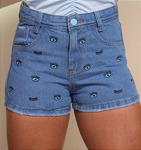 Short Jeans Feminino Cintura Alta Bordado Olho Grego - 100% Algodão Sem elastano