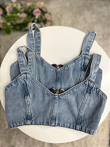 Cropped Jeans Denim Feminino Com Alças E Detalhe Nas Costas