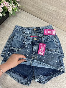 Short Saia Jeans Feminino Cintura Alta Com Strass Lavagem Marmorizada