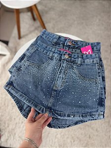 Short Saia Jeans Feminino Cintura Alta Com Strass Lavagem Marmorizada